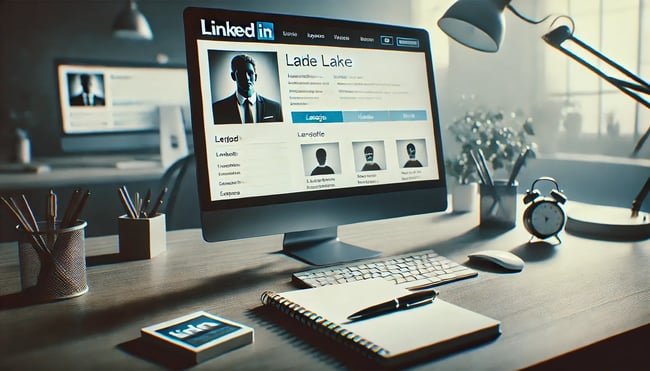A computer screen displaying a LinkedIn profile, with a notepad and pen ready for taking notes