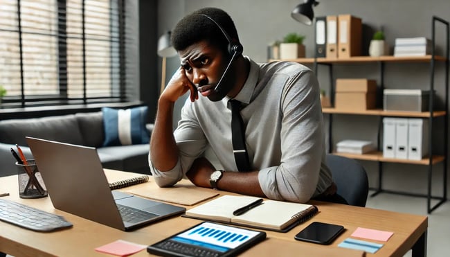 A not-so-confident sales representative on the phone, not feeling so confident during a sales call.