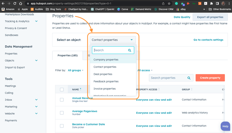 This image shows the dropdown option to choose a HubSpot object to create a property under.