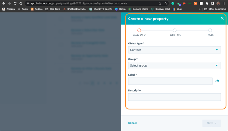 This image shows the slide our right window and the fields to be filled out when creating a HubSpot property