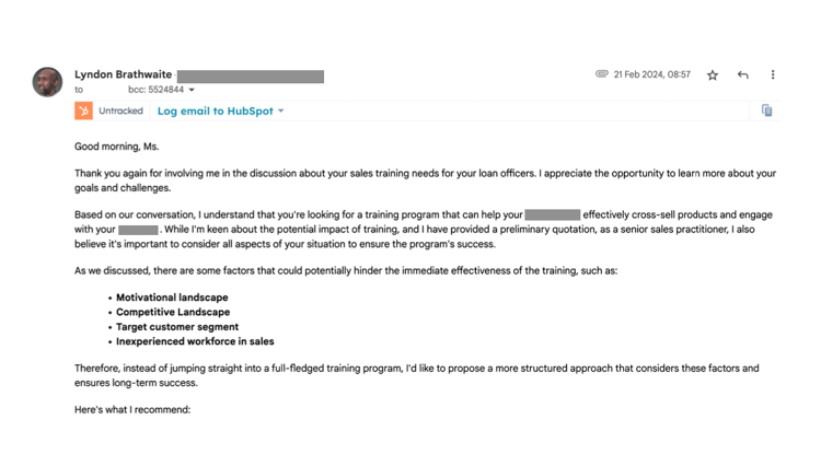 Email Correspondence Example | Lyndon Brathwaite | Consultation | Sales Training
