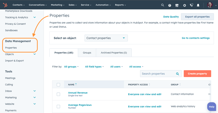 This image shows the HubSpot settings showing where to find properties.